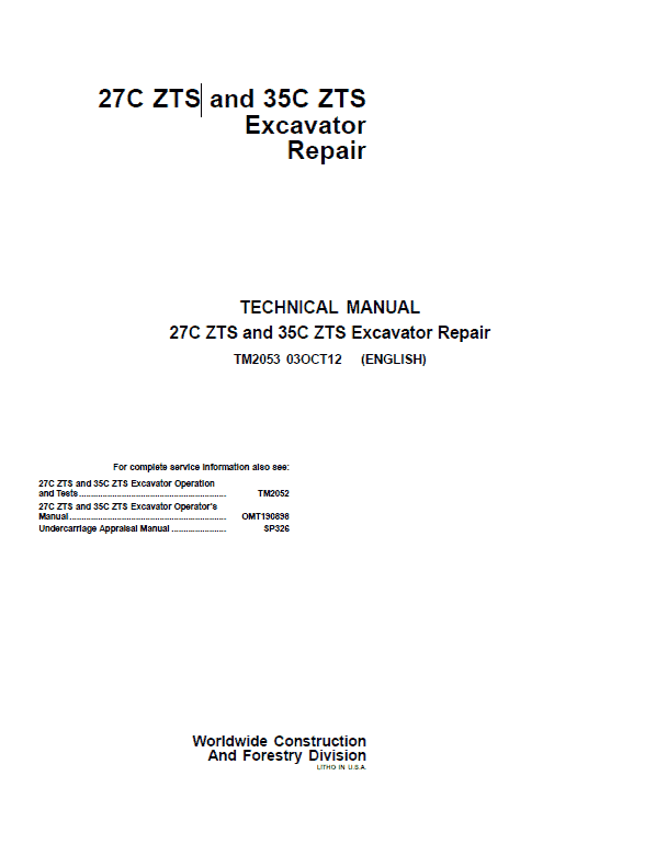 John Deere 27c Zts 35c Zts Mini Excavator Service Repair Manual