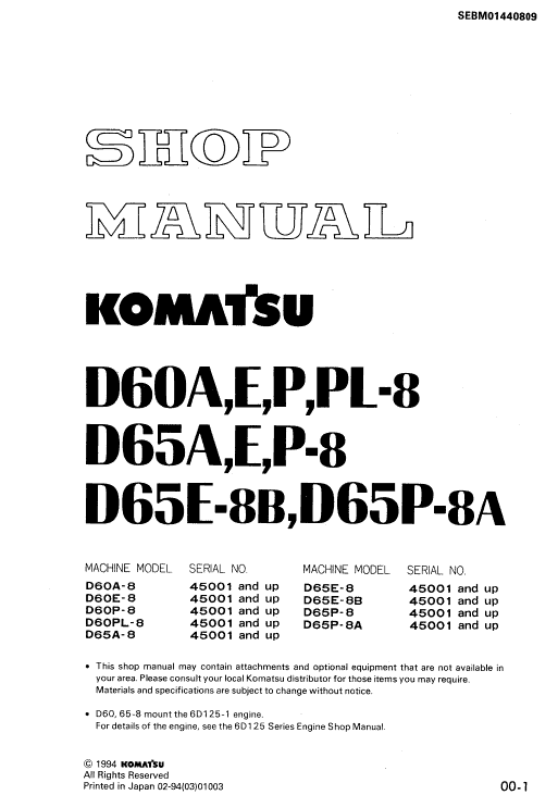 Komatsu D60a-8 D60e-8 D60p-8 Workshop Service Manual Illustration