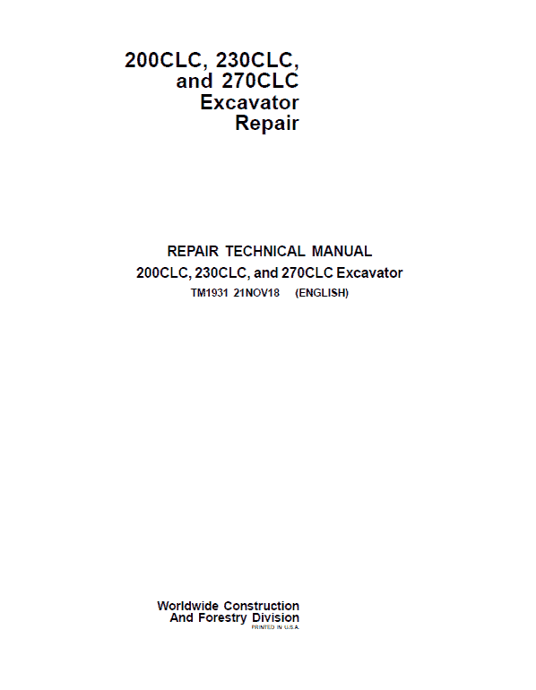 Cat Repair Manual (PDF) John Deere 200clc 230clc 270clc Excavator Repair Manual