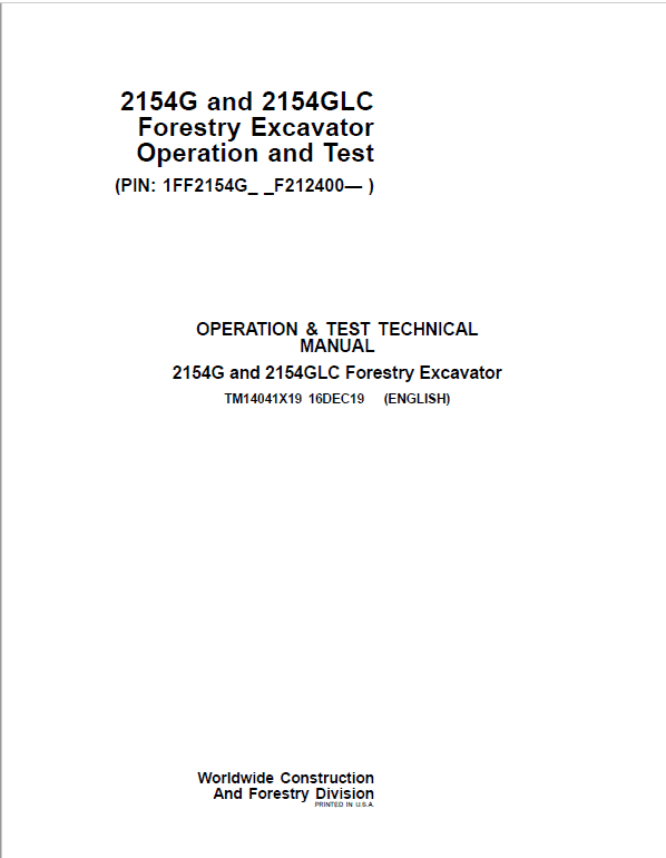 Cat Repair Manual (PDF) John Deere 2154G and 2154GLC Operation and Test Manual TM14041X19