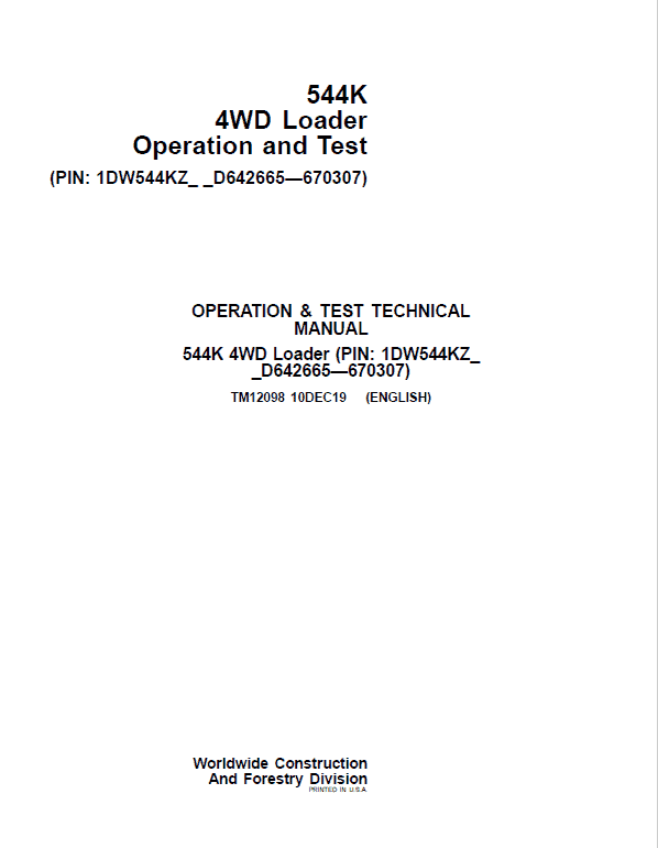 Cat Repair Manual (PDF) John Deere 544K 4WD Loader Technical Manual TM12098