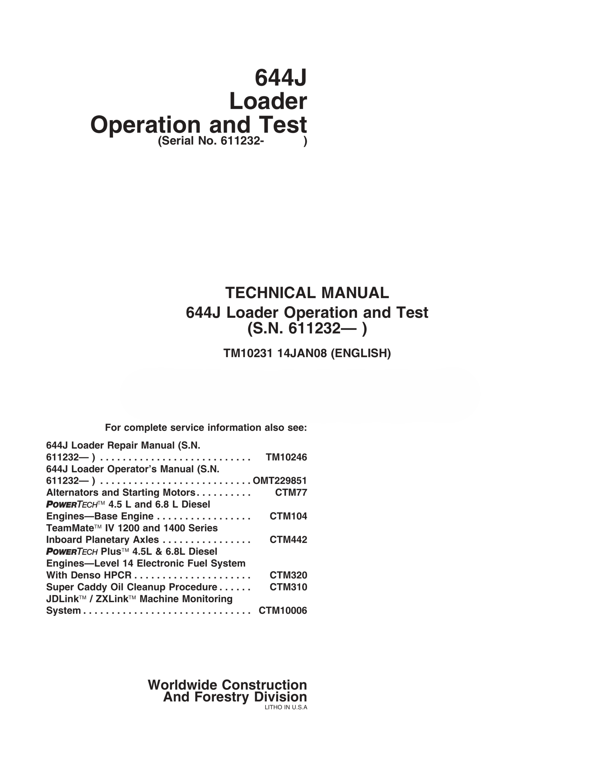 John Deere 644J Operation and Tests Technical Manual