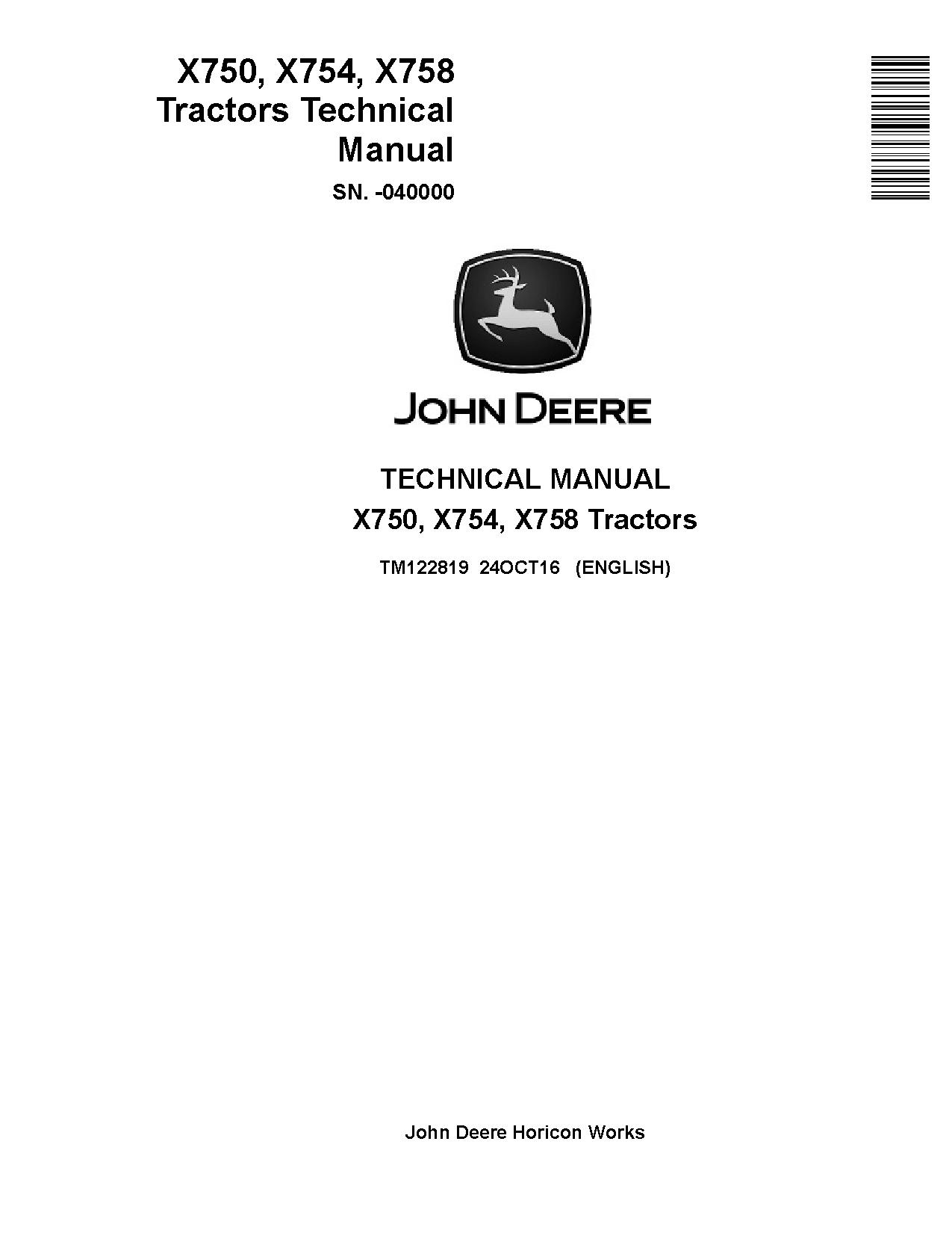 John Deere X750 X754 X758 Tractor Service Repair Manual Illustration