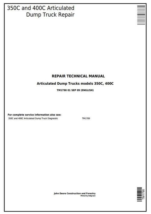 John Deere 350c And 400c Articulated Dump Truck Diagnostic, Operation & Service Manual