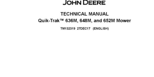 Official John Deere technical service manual cover image for the 636M and 652M QuikTrak stand-on mowers. Includes comprehensive troubleshooting, component repair, and systems diagnostics for commercial fleet maintenance.