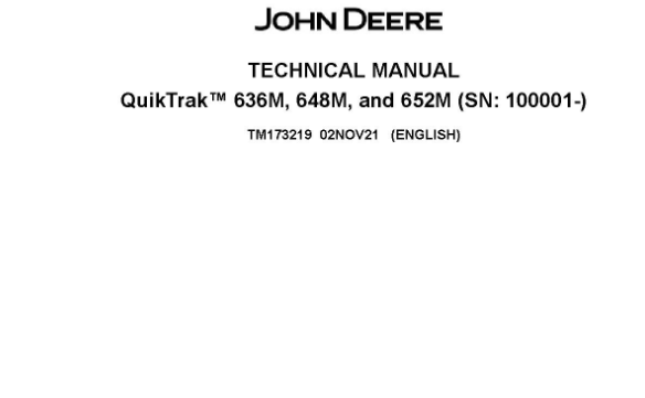 John Deere 636M, 648M, and 652M QuikTrak commercial stand-on mower technical service repair manual cover